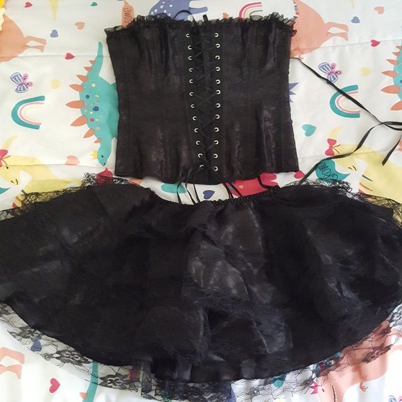 2pcs set black satin lace strapless corset bustier top and mini skirt - Picture 1 of 7